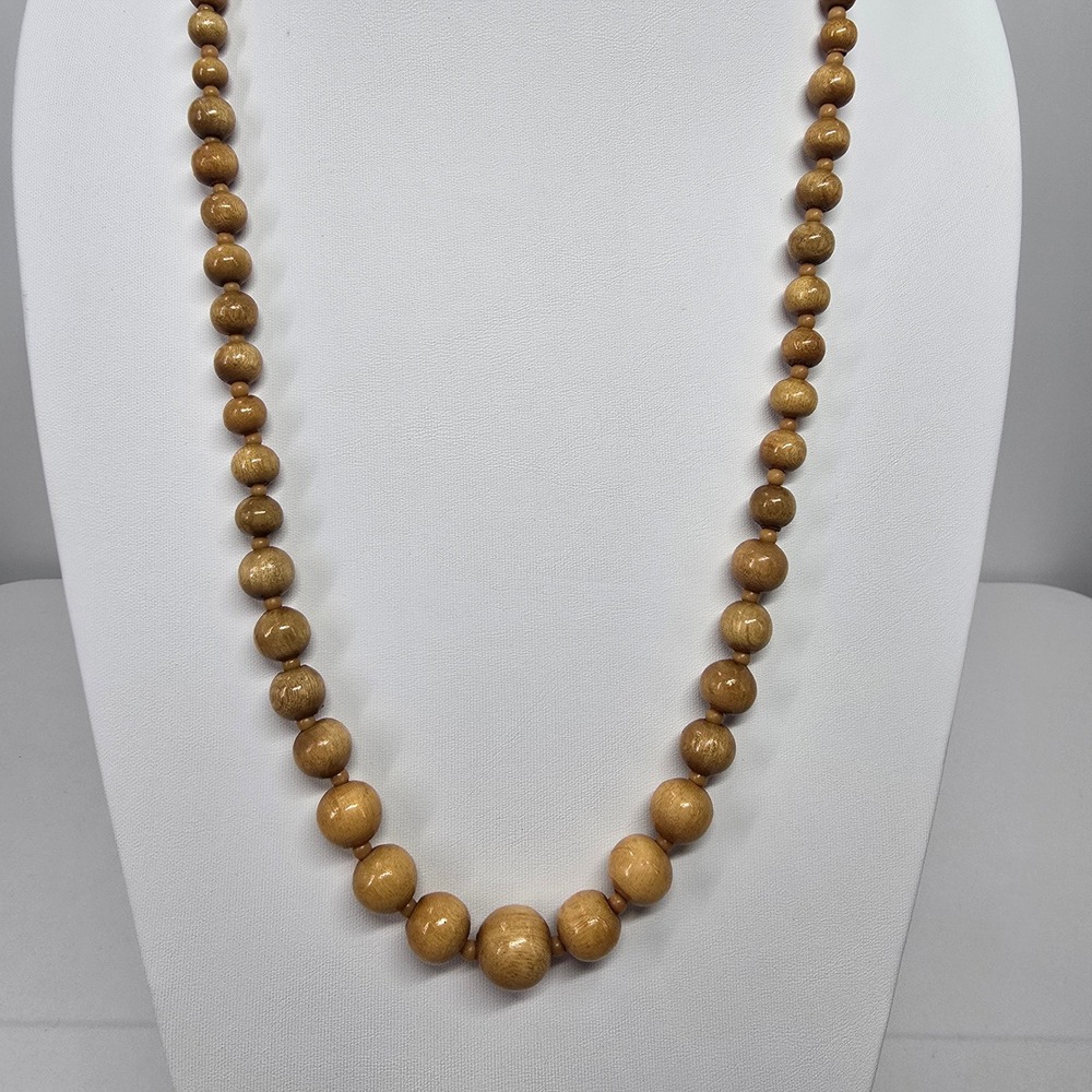 Vintage Graduated Wood Bead Necklace Brown Boho Natural Earthy Round Strand 30in - Picture 3 of 5